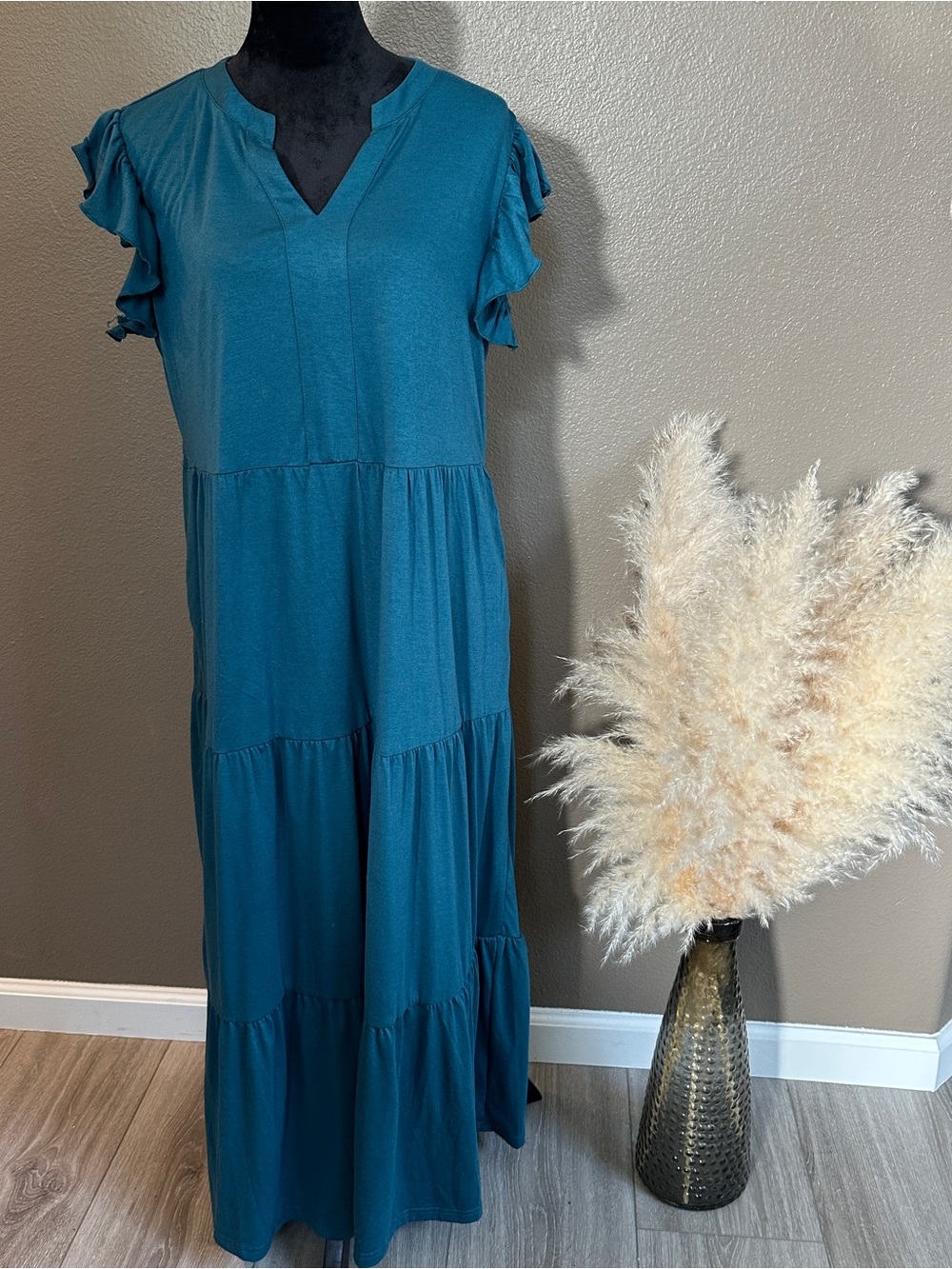 Teal Tiered Ruffle Sleeve Maxi Dress